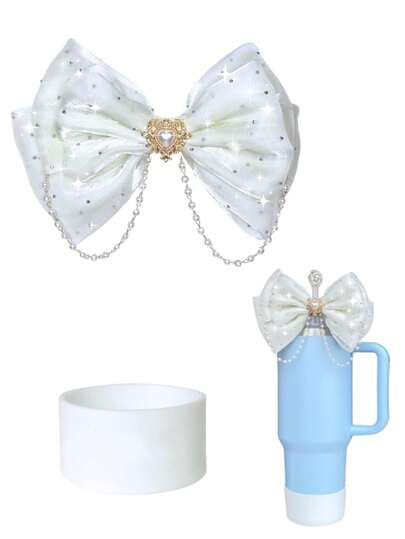 Compatible With Stanley Cup Accessories Two Pieces Set! Another Bow Design On Top. Silicone Protective Cover On The Bottom Multiple Color Options Available Pink, Blue, Off-White, Light Purple
