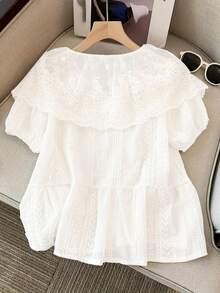 Women's Patchwork Embroidered Peter Pan Collar Mesh Puff Sleeve Single-Breasted Autumn Blouse - White - View 3