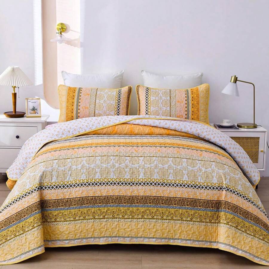 3 Pieces Queen King Size Quilt Set Sage Yellow Striped Summer Patchwork Bedspreads Coverlet, Soft Lightweight Bedding Set With 2 Pillow Shams, Soft Microfiber Comforter Set Suitable For Wedding Items, Valentines Day Home Bed Room Decor, Mothers Day Gift, All Season - 黃色01 - 查看 1