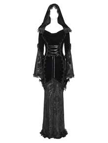 Devil fashion 一件哥特风蕾丝拼接连帽长裙，收腰设计，暗黑美学风格，适合演出、角色扮演、秋冬季穿着。 - 黑色 - 查看 11