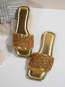 Sandale fără mâneci cu strasuri, pentru femei, ușoare, antiderapante, ținute casual de plajă, potrivite pentru mărimi mari, papuci de vară la modă cu sclipici - Aur - Vizualizare 6