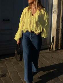 1件女士舒适休闲纯色夹克 - 黃色 - 查看 3