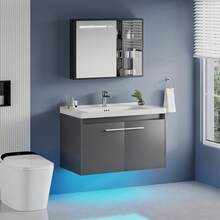 31" Floating Bathroom Vanity With Sink Combo, Wall Mounted Bathroom Vanity Cabinet With LED Light, 2-Door Bathroom Storage Cabinet For Small Bathroom, White/Grey/Black, (USB LED Strip) - Grey - View 7