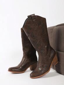 Brown Western Style Fashion Square Toe Butterfly Embroidery Chunky Heel Pull-On Mid-Calf Cowboy Boots For Women, Autumn/Winter - Dark Brown - View 2