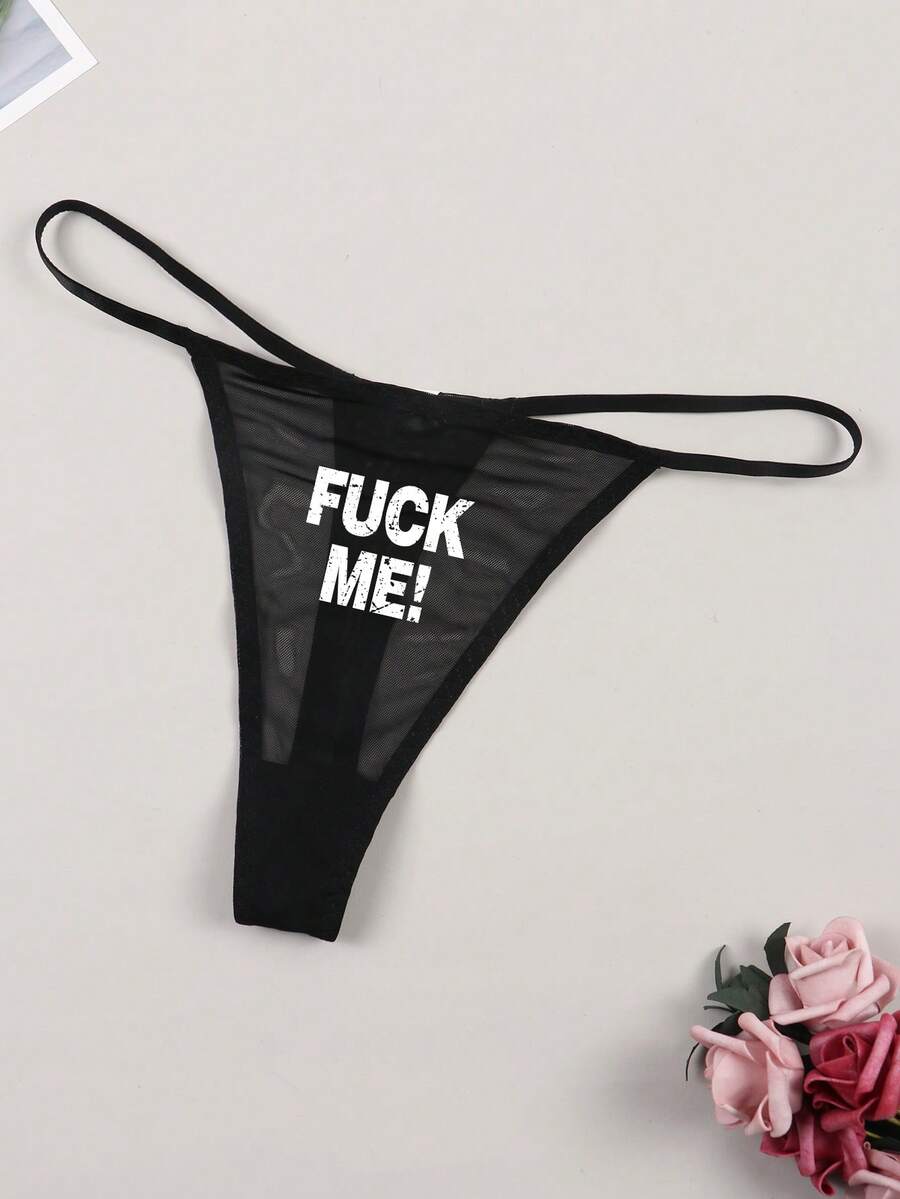 Women's Sexy Semi-Sheer Letter Print Breathable Thong Panties - Black - View 1