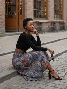 女士高腰褶皱优雅复古长裙 - 彩色 - 查看 4