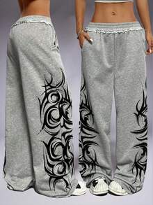 1pc Women Plus Size Fashion Casual High Waist Elastic Ruffle Hem Wide Leg Pants, Autumn/Winter Printed With Pockets