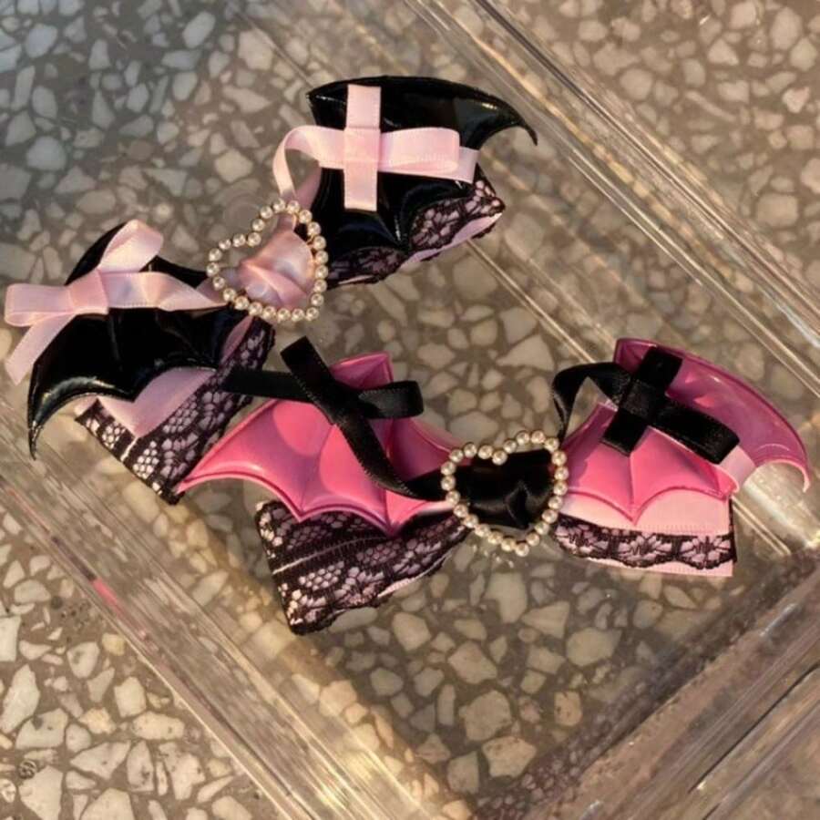 Pasador de pelo delicado con lazo de encaje negro y rosa, con borde en forma de ala, para niña dulce - Horquilla de ala rosa oscuro - Ver 1