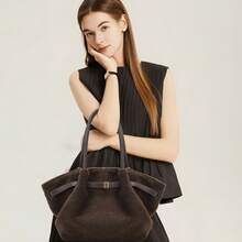 JW 新款女士中号仿皮草单肩托特包，时尚轻便，高端奢华，大容量，有型 - 咖啡 - 查看 2