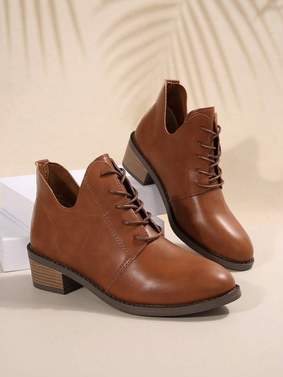 Women's Fashion Brown Pointed Toe Chunky High Heel Ankle Boots - Stylish Soft Exterior, With Front Lace-Up, Suitable For Autumn/Winter