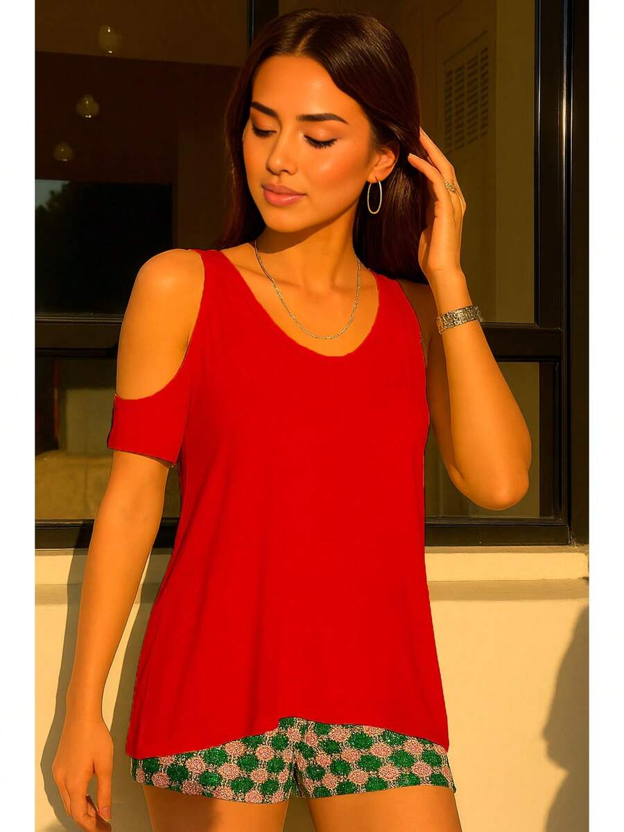 Fashionable Ladies Off Shoulder Lightweight Blouse - 紅色 - 查看 1
