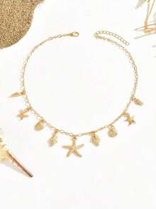 1pc Women's Fashion Pendant Necklace, Vintage Bohemian Beach Style With Sea Star, Shell, Turtle & Multi-Pendant Design, Layered Clavicle Chain, Party/Holiday Gift, Versatile Accessory - Gold - View 3