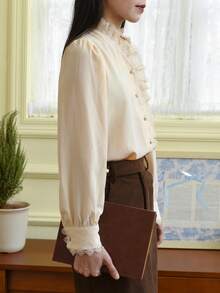 Simple Retro Polyester Pusher Long Sleeve Ruffled Turtleneck Shirt - Apricot - View 3