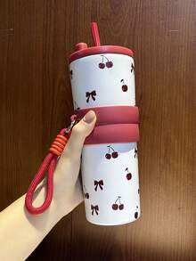 1pc 710ml/24.98oz Bow Insulated Cup,Cherry Insulated Cup,Portable Drawstring Water Cup,Large Capacity Insulated Cup,Insulated Cup With Straw,Reusable Cup,Accompanying Coffee Cup,Stainless Steel With Cover Lid