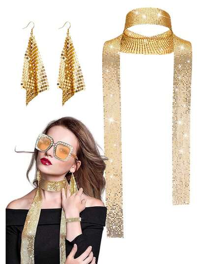 D EXCEED 2 Pcs 70s Disco Jewelry Accessories Set For Women – Sequin Earrings, Sequin Scarf – Suitable For Disco Themed Cosplay Parties, Balls, 70s Parties, Retro Concerts