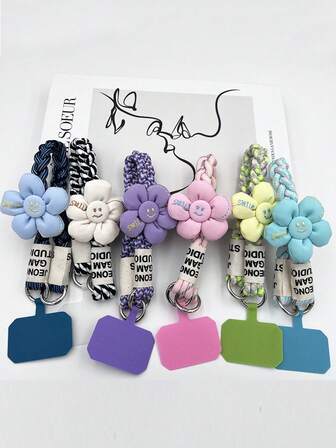 1pc Wrist Strap Short Rope Flower Spacer Bead Hemp Rope Pendant Keychain, Suitable For Phone Case Lanyard