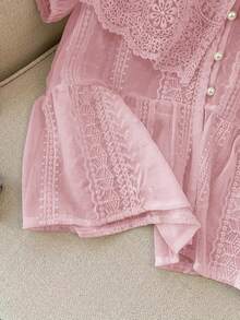 Women's Embroidered Mesh Patchwork Puff Sleeve Single-Breasted Blouse, Autumn - Pink - View 4