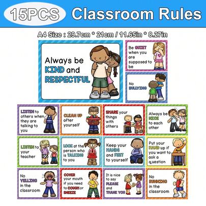 Lachilly 15 件课堂规则图表教育学前海报适用于幼儿托儿所家庭学校幼儿园墙壁艺术公告板 - 建立预期行为，培养良好习惯（A4 尺寸）