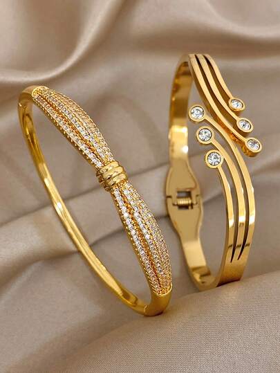 18K 镀金不锈钢奢华编织流线型锆石手镯套装，适合女士，优雅纹理珠宝妈妈礼物圣诞节感恩节万圣节冬季珠宝婚礼狂欢/舞会/派对/日常配饰周年纪念礼物情人节波西米亚风格珠宝生日伴娘礼物