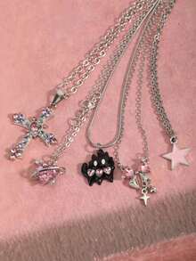 5件套Y2K水晶爱心、十字架、黑猫、蝴蝶结、蝴蝶结星星装饰项链，时尚韩流闪亮颈链套装，适合女性、女孩，情人节礼物，派对饰品，情人节、妈妈、母亲节礼物 - 粉色 - 查看 4