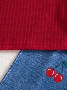 2 件套女童休闲装，纯色刺绣樱桃图案圆领长袖上衣和印花仿牛仔图案裤子，春秋 - 紅色 - 查看 6