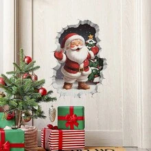 Pegatina de vinilo extraíble de Papá Noel rompiendo la pared para decoración navideña del hogar y la sala de estar, fácil de aplicar, pegatinas navideñas brillantes de PVC para la sala de estar, el dormitorio y la decoración del hogar