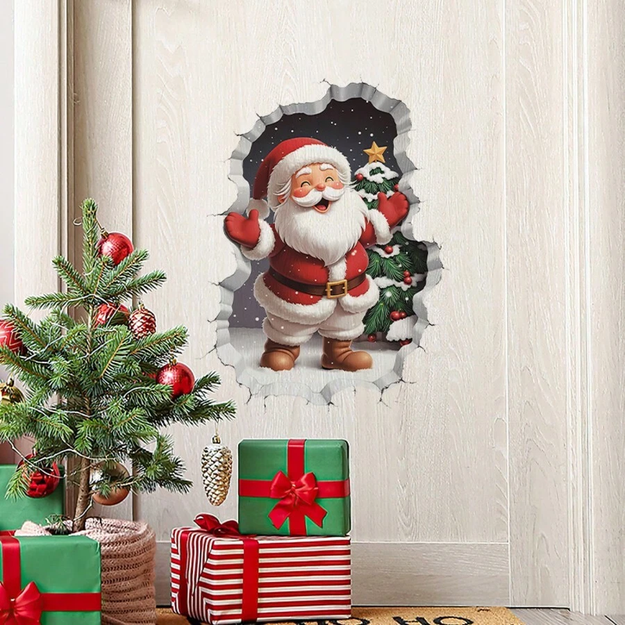 Pegatina de vinilo extraíble de Papá Noel rompiendo la pared para decoración navideña del hogar y la sala de estar, fácil de aplicar, pegatinas navideñas brillantes de PVC para la sala de estar, el dormitorio y la decoración del hogar