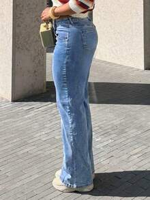 Women's Insert Pocket Loose Casual Basic Straight Jeans - Medium Wash - View 3