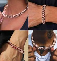 2 PCS Cuban Link Chain Iced Out Miami Cuban Necklace Bracelet Bling Hop Jewelry Men Women - 銀色 - 查看 8