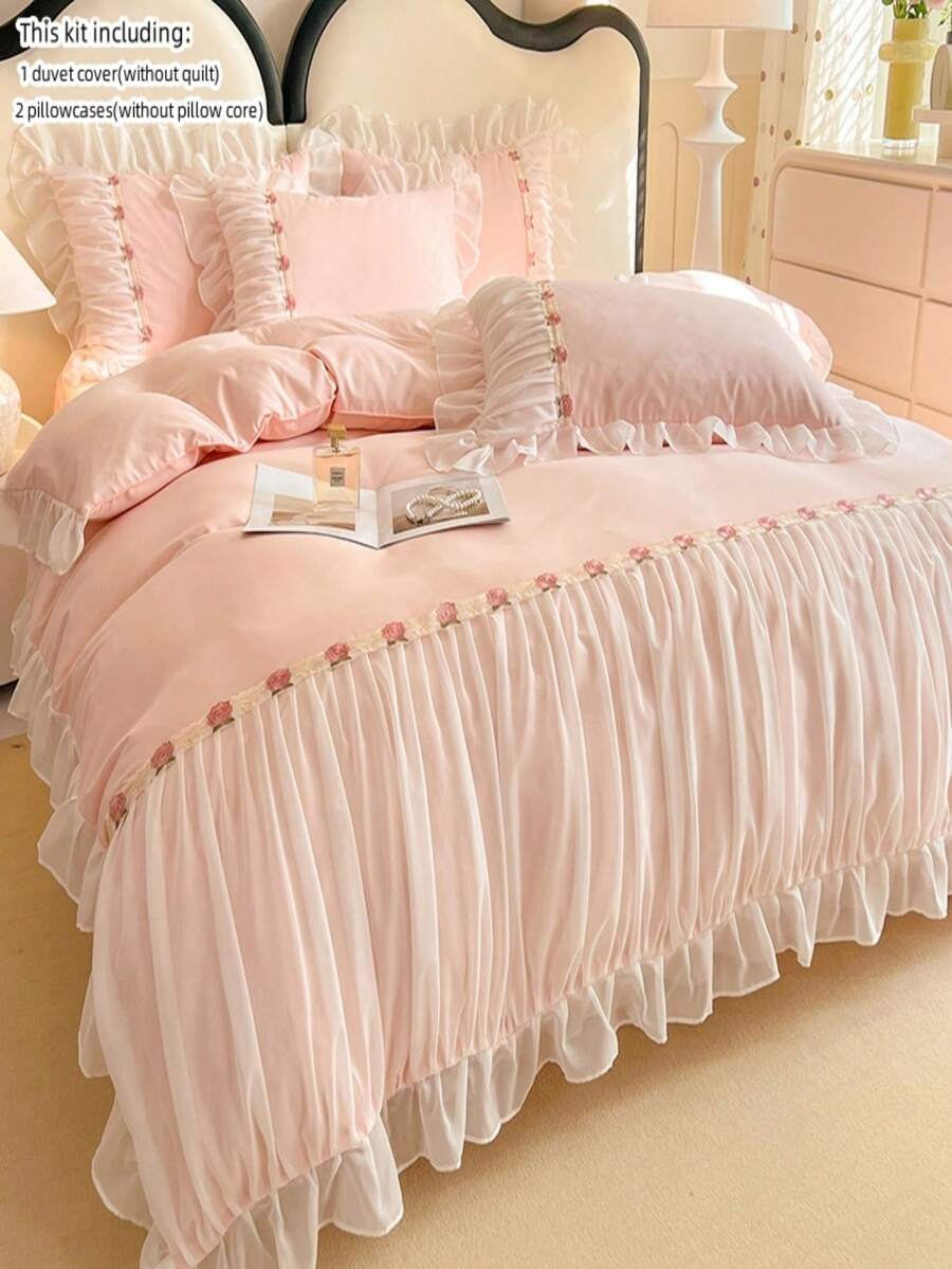 3pcs Korean Princess Style Lace Bedding Set, Whitebowknotw Decor Duvet Cover And Pillow Shams - Pink - View 1