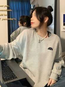 女式字母印花圆领落肩长袖休闲宽松运动衫，秋冬 - 淺花灰 - 查看 9