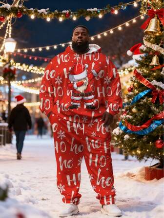Christmas Style Plus Size 3D Santa Claus Print Hoodie Sweatshirt, Front & Back Graphic, Drawstring, Pouch Pocket Pullover And Sweatpants Set