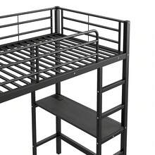 Hochbett 90x200 cm in Schwarz | Mit Schreibtisch, Steckdose+USB & Regalen | Offener Lagerschrank & Sicherheitsgeländer | Eisenrahmen ohne Matratze