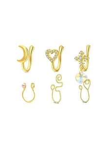 6 piezas de anillos falsos para la nariz, aros falsos para la nariz con cristales, pendientes de clip, pendientes de oreja para mujeres y adolescentes sin perforaciones, joyas para el Body en dorado y plateado - Multicolor - Ver 4