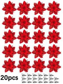 1/10/20 piezas Flores artificiales de Nochebuena para Navidad, ramas de árbol de Navidad falso para decoración, decoración del hogar, decoración floral, fiesta, corona, decoración exterior de Año Nuevo - Todo rojo - Ver 10