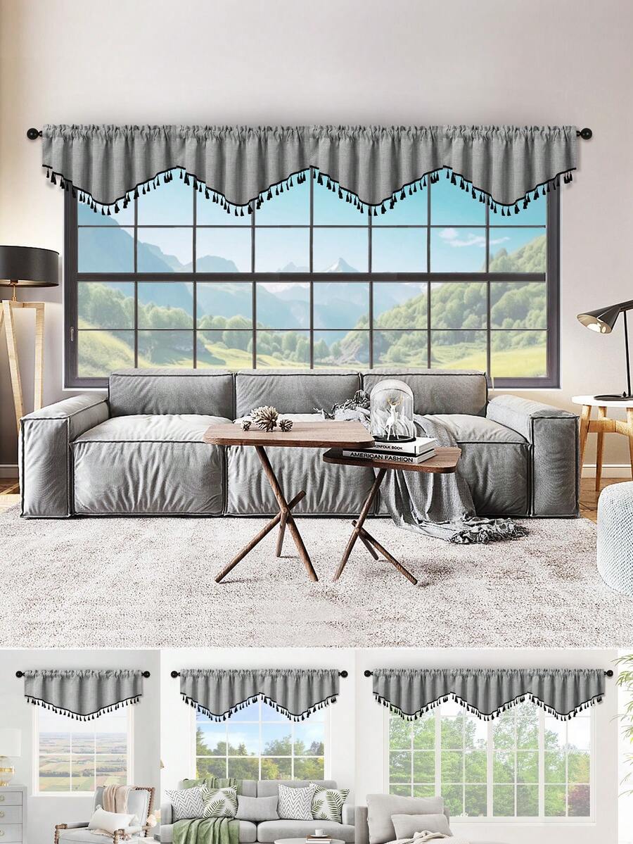 1pc Beige V-Shaped Tassel Curtain, Farmhouse Style Faux Linen Material Short Drape, Room Divider Suitable For Living Room, Bedroom, Window And Door Decor - Grey - View 1
