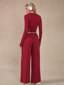 NcmRyu 一套女士抽绳纯色圆领阔腿口袋宽松长袖上衣和裤子运动服套装 - 紅色 - 查看 2