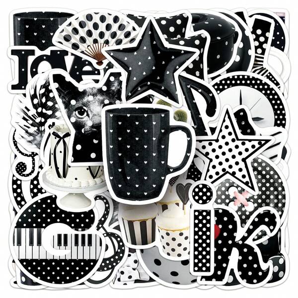 50PCS Black And White Polka Dot Ins Style Series Cartoon Graffiti Stickers Suitable DIY Handbooks Luggage Helmet Desktop Mug Notebook Stickers & More
