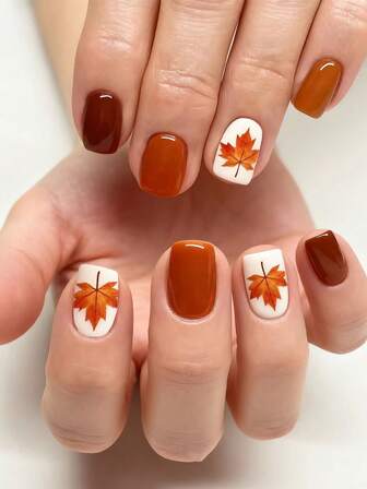 Instantly Upgrade Your Look With 24pcs Short Square Shape Press-On Fake Gel Nails Vintage Autumn/Winter Collection Red-Brown Solid Color Orange-Yellow Solid Color Accent Classic Maple Leaf Pattern Fake Nails Full Coverage Fake Nail Kit For Women And Girls Includes 1sheet Adhesive Tabs & 1pc Mini Fils Strip Jelly Gel Random Shipment
