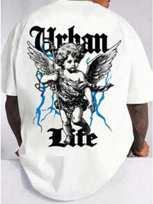 Camiseta de manga corta con cuello redondo y diseño de patrón de ángel para hombres, para salir, para amigos - Blanco 4 - Ver 1