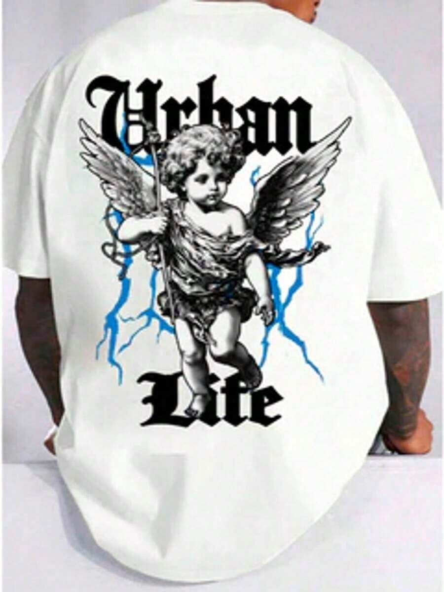 Camiseta de manga corta con cuello redondo y diseño de patrón de ángel para hombres, para salir, para amigos - Blanco 4 - Ver 1