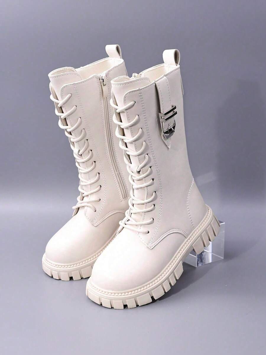 女童高筒靴，新款秋冬英伦风儿童靴，中筒及膝公主靴，适合大童，侧拉链厚底高帮靴，防滑皮靴 - 白色 - 查看 1