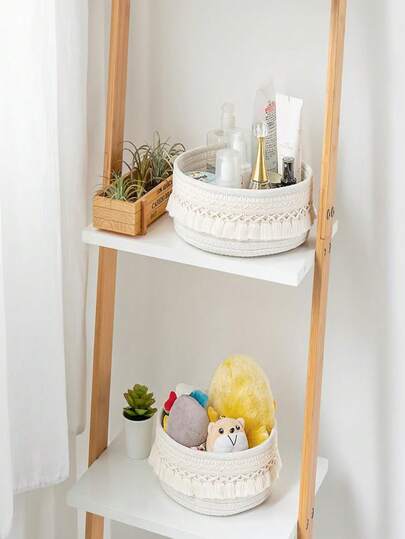 1 件棉绳编织储物篮，简约流苏装饰收纳盒，可存放钥匙、化妆品瓶、配件