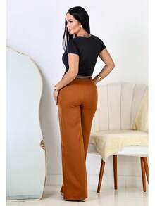 Kit Of 2 Elegant Tailored Women's Wide Leg Pants With Belt - Caramelo / Beige - Ver 5