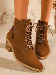 秋冬季简约风中跟粗跟棕色绒面革女士踝靴，侧拉链设计，时尚前系带优雅女士短靴 - 棕色 - 查看 4