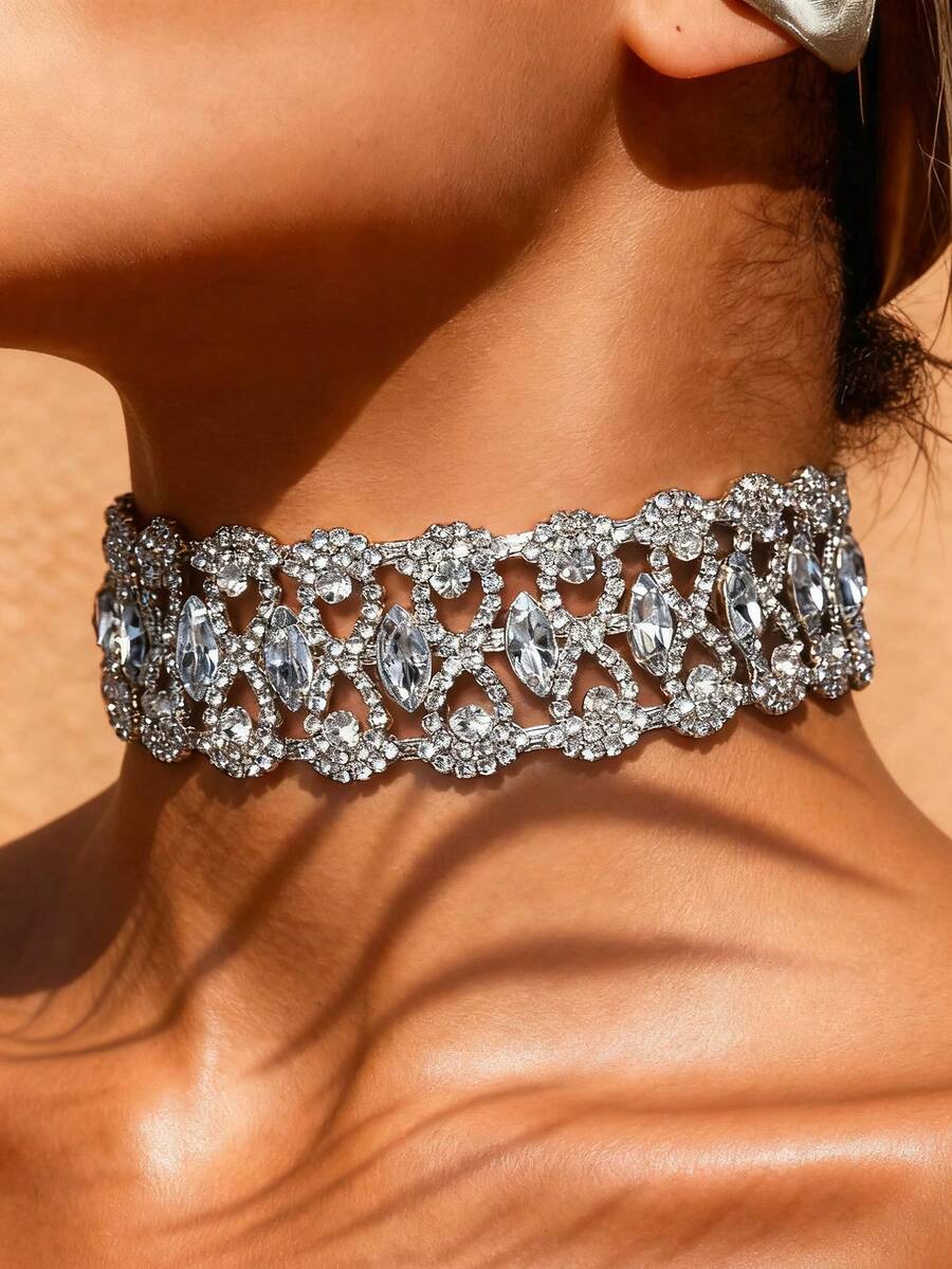 1 chiếc vòng cổ choker pha lê thời trang màu đen, vòng cổ xương quai xanh dành cho nữ - Bạc - Xem 1