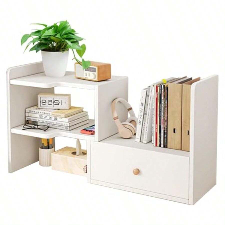 Desktop Shelf Storage Rack Multipurpose Bookshelf Desktop Organizer Home Interior Rack Supplies Extendable Wooden Tabletop Bookshelf Bookcase Office Desk Shelves For Books Cosmetic White