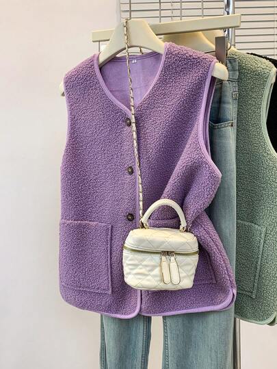 YUXIN 秋冬季女士必备单品！柔软仿羊羔绒无袖开衫背心，配有双口袋，超级保暖，日常百搭。