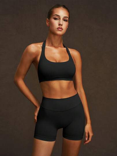 VVX Women's Workout Two Pieces Set Halter Neck Sports Bra Removable Pads & High Waist Tummy Control Yoga Shorts Set, Solid Color Casual Skinny Pants Sportswear For All Seasons