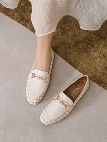 Mengshangli 女款純色學院風金屬蝴蝶飾平底樂福鞋 辦公通勤四季通用鞋 - 彩色 - 查看 5